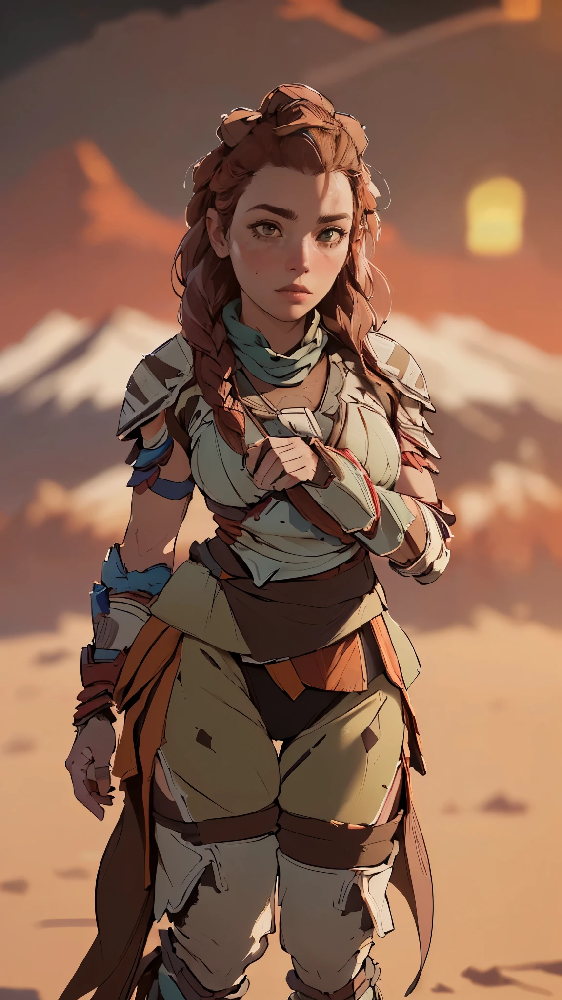 (A woman),(Aloy:1.5),(((Horizon Zero Dawn:1.5))),((Nora Hunting gear:1.5)),((standing bravely:1.5)),(Serious:1.5),(long red hair:1.5),(very detailed beautiful face:1.5),(((slight braided Hair:1.5))),(beautiful eyes:1.3),(Very detailedな顔:1.5),((Very detailed drawing of a female hand:1.5)),((muscular:1.5)),(Sexy appearance:1.5),((Thick thighs:1.5)),(Beautiful Body:1.5),((Very sensual:1.5)),(mountainous background at night:1.5),(warm atmosphere:1.5),(((Blurred Background:1.5))),(Written border depth:1.5),rest(((masterpiece:1.5),(best quality:1.5),(Very detailed:1.5),(high resolution:1.5),(Practical:1.5),(Practical:1.5),(Delicate depiction),(Carefully drawn))),8k,wallpaper