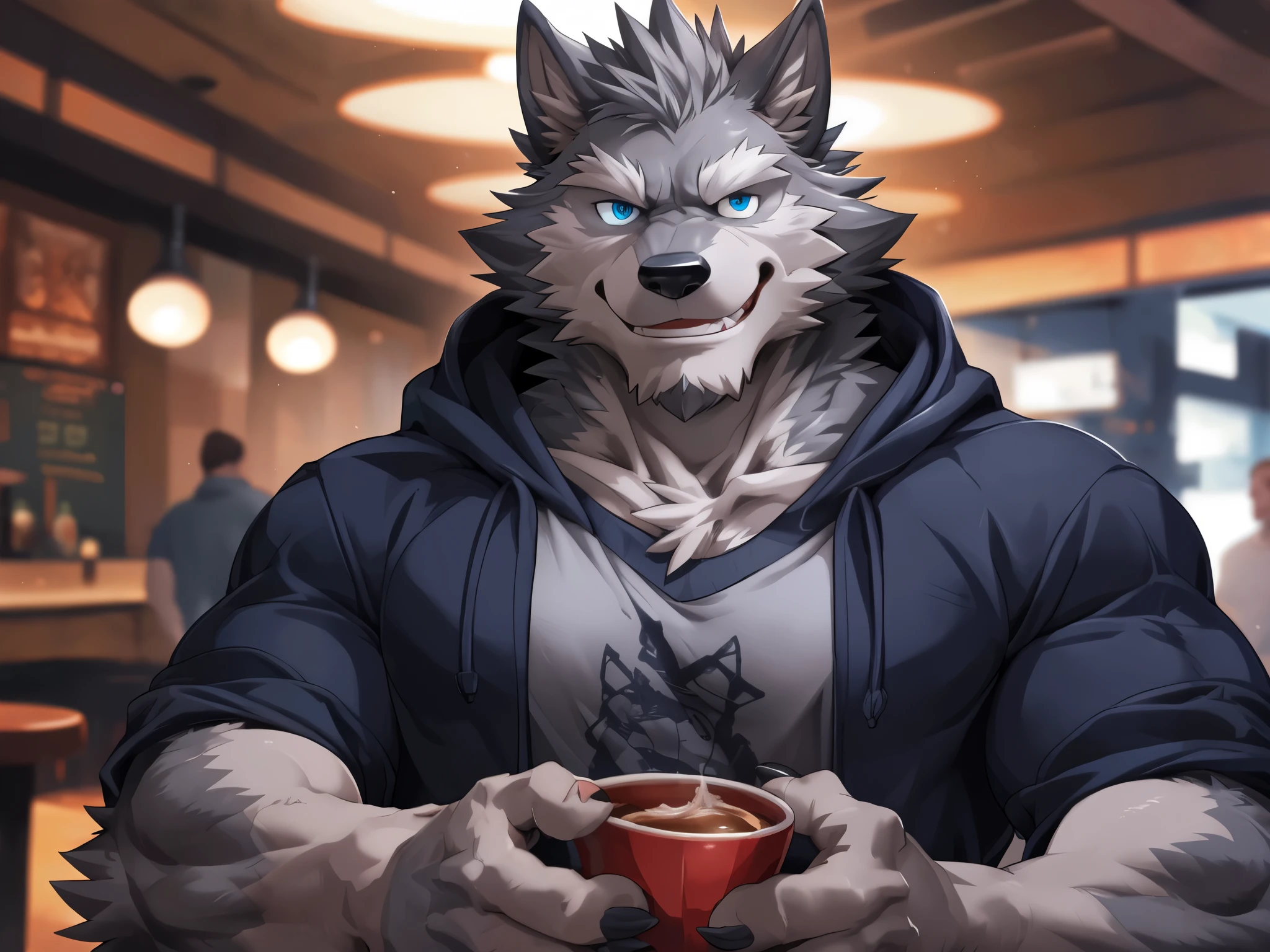 human nature, cannon, male, Solitary, ((Round Face, The face is plump, Grey beard, Blue eyes, Grey Medium Grey Hair,)), ((Muscular body, Bara, Handsome)), (Modern shirt), ((Domestic Wolf, Wolf) Grey Fur, Muscular body, Hoodie, Shorts,), (In the cafe), Bokeh, (high quality, high resolution, masterpiece), (Dynamic Lighting, Vibrant colors), (Generous smile), (Face focus), Front view (close up), cartoon, author Takemoto Arashi, by zixiong, By Chunni, author Empty Ghost.