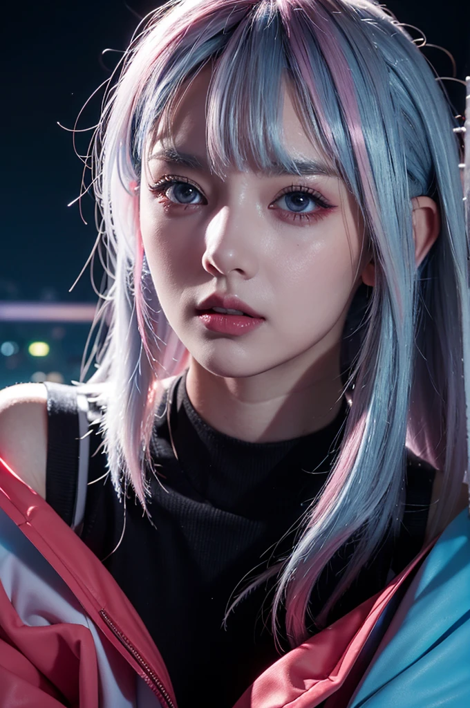 Black and light blue with silver and pink hair、Photorealsitic, hight resolution, Heterochromia eyes, small moles under eyes、bob cuts、Blunt bangs、Lucy\(cyberpunked\), 1girl in, hair scrunchie, hime-cut, silber hair, Color Chip, fullmoon, grey eyes, white shirt, Black tie、Black shorts、long-sleeve, (Look at viewers), Medium Hair, O cabelo multicolorido, Bangs parting, cparted lips, A pink-haired, Red Eyeliner, red-lips, 独奏, White jacket, cyberpunked\(Series\), Rainy night in cyberpunk city with glowing neon lights,frombelow, yes、all-fours、Huza