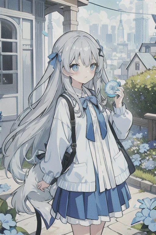 Gray hair、Very long hair · side tail on the right side · eyes of a different color 、Left eye is light blue、 right eye {x} right eye is gray · loose blouse · light blue cardigan · light blue skirt · wearing gray ribbon · girl · quiet · light blue flower field · has light blue flowers · top quality