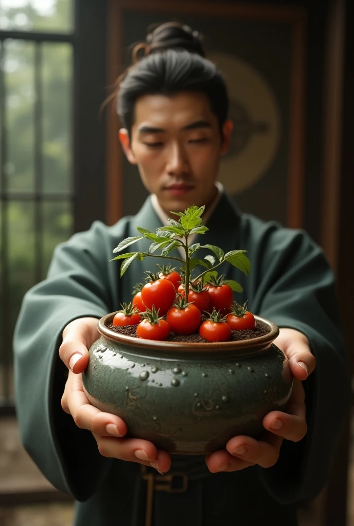  score_9,  score_8_up,  score_7_up,  score_6_up,  score_5_up,  score_4_up, 1man,  holding a potted plant in your hand,  depicting the bottom of the nose , Elegant Japanese clothing,  artistic ceramic potted plant , Rui々Shishi Tomato, Circle々and growing , Glossy surface,  with water droplets on it ,  tomatoes growing in a pot , Realistic, ((UHD, masterpiece, super detail, high details, best quality, 8k))