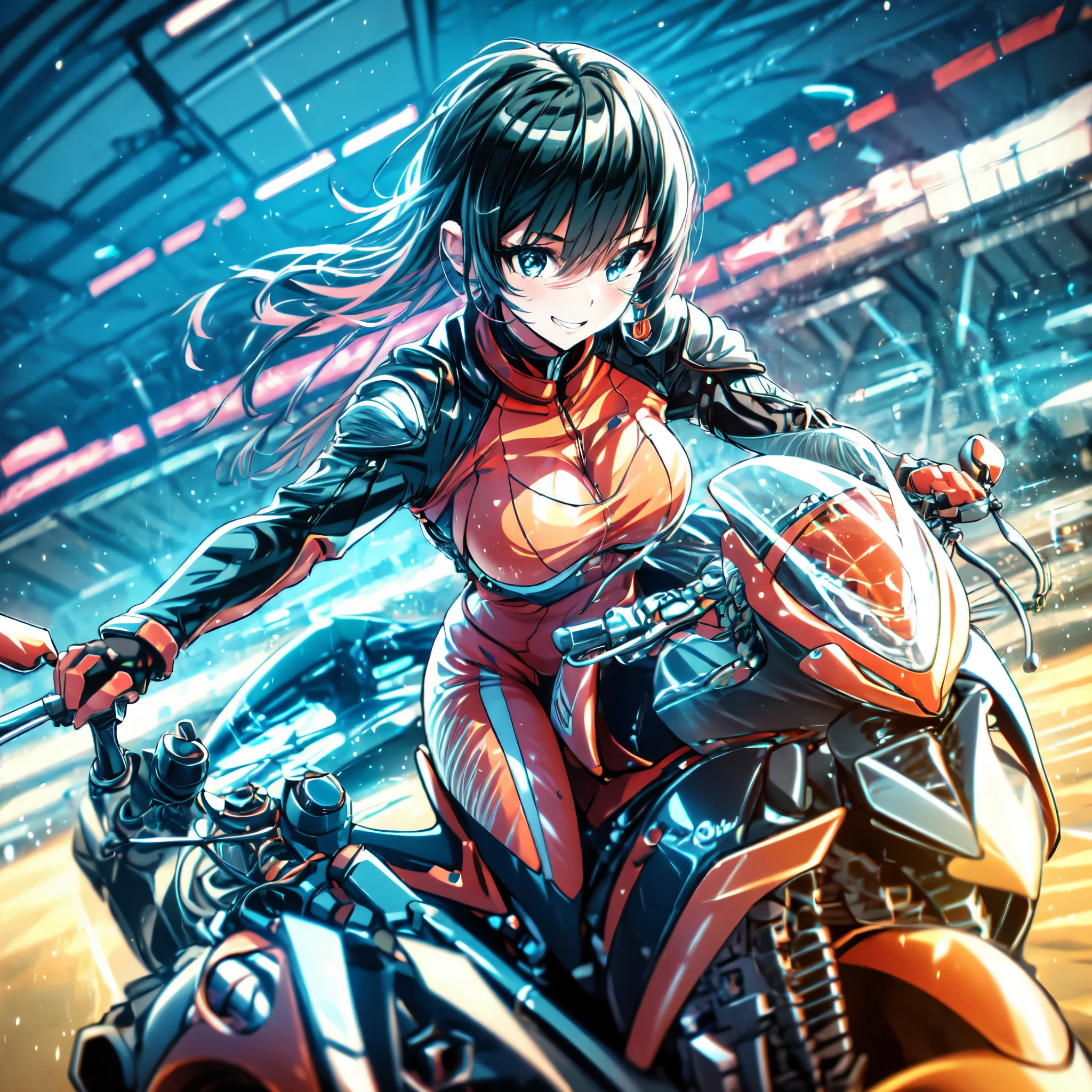 1 girl riding a motorcycle,Sports Bike, perfect eyes, perfect face, High Resolution , masterpiece, accurate,  anatomically correct, Best Quality, 