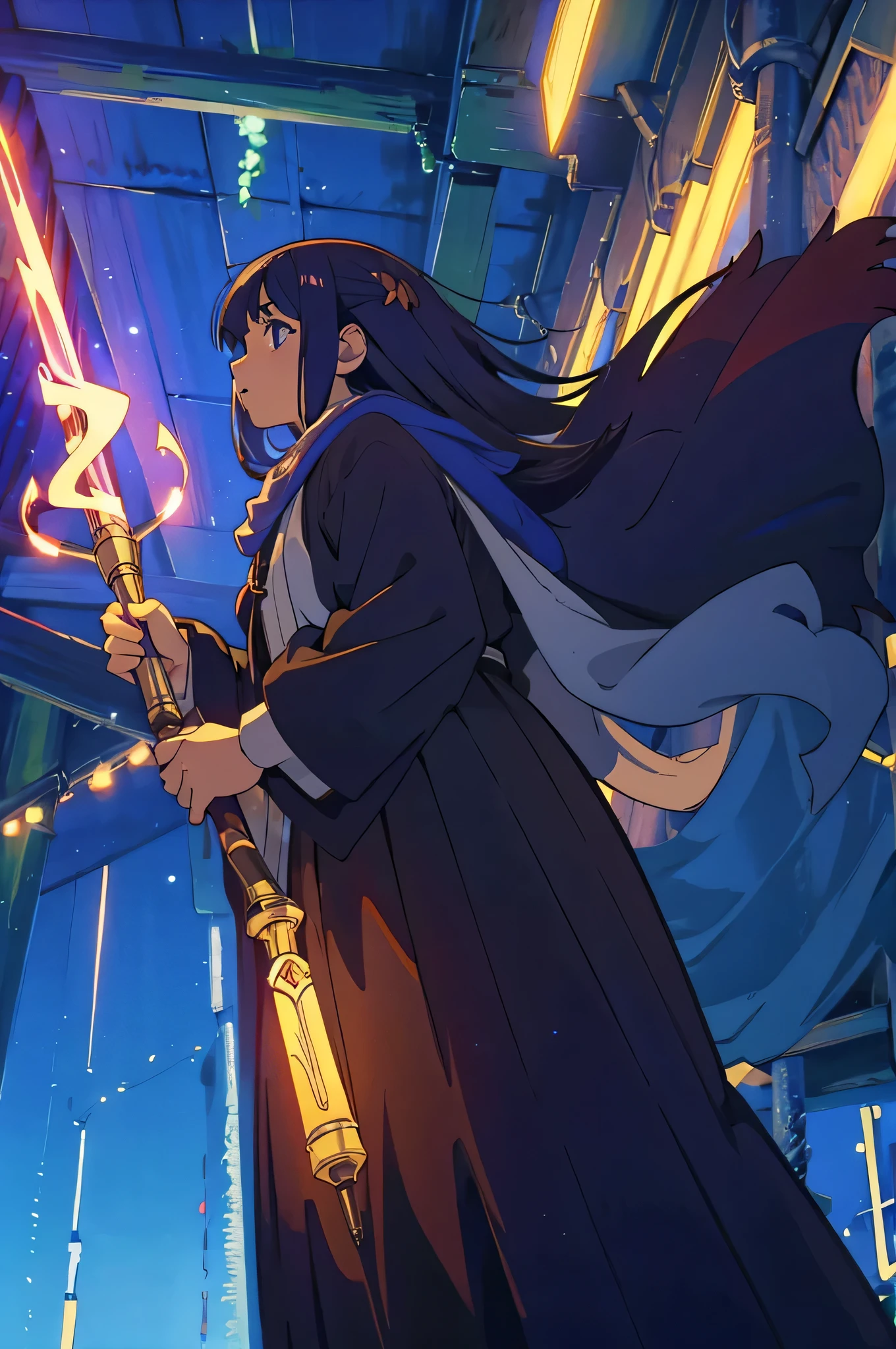 score_9, score_8_up, score_7_up, score_6_up, score_5_up, score_4_up, source anime, BREAK,
nurefpnxl, fern \(sousou no frieren\), 1girl, solo, from below, magic, parted lips, holding staff, electricity