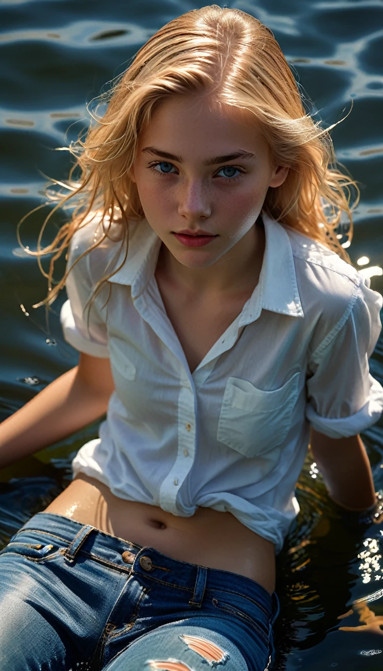 Young 18 year old blonde teen girl playing in the water wearing jeans and a thin white shirt, set in a 90s style

1girl, solo, looking at viewer, high resolution, anatomically correct, best quality, masterpiece, super detailed, blonde hair, from above, portrait photography, cinematic lighting, dramatic pose, elegant, photorealistic, volumetric lighting, hyper-detailed skin, intricate details, glowing skin, sharp focus, vivid colors, atmospheric, seamless, exquisite, full body