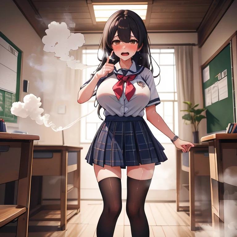 school uniform, blazer、1人の女性、brown haired、Brown eyes、Black-rimmed glasses、 Best Quality、ultra-detailliert、8K resolution、Raw photo、masutepiece、gorgeous faces、Perfect body, closed eyes,thigh-high socks, wince, (orgasm:1.5),(panicking:1.4), Pleated skirt, handjob