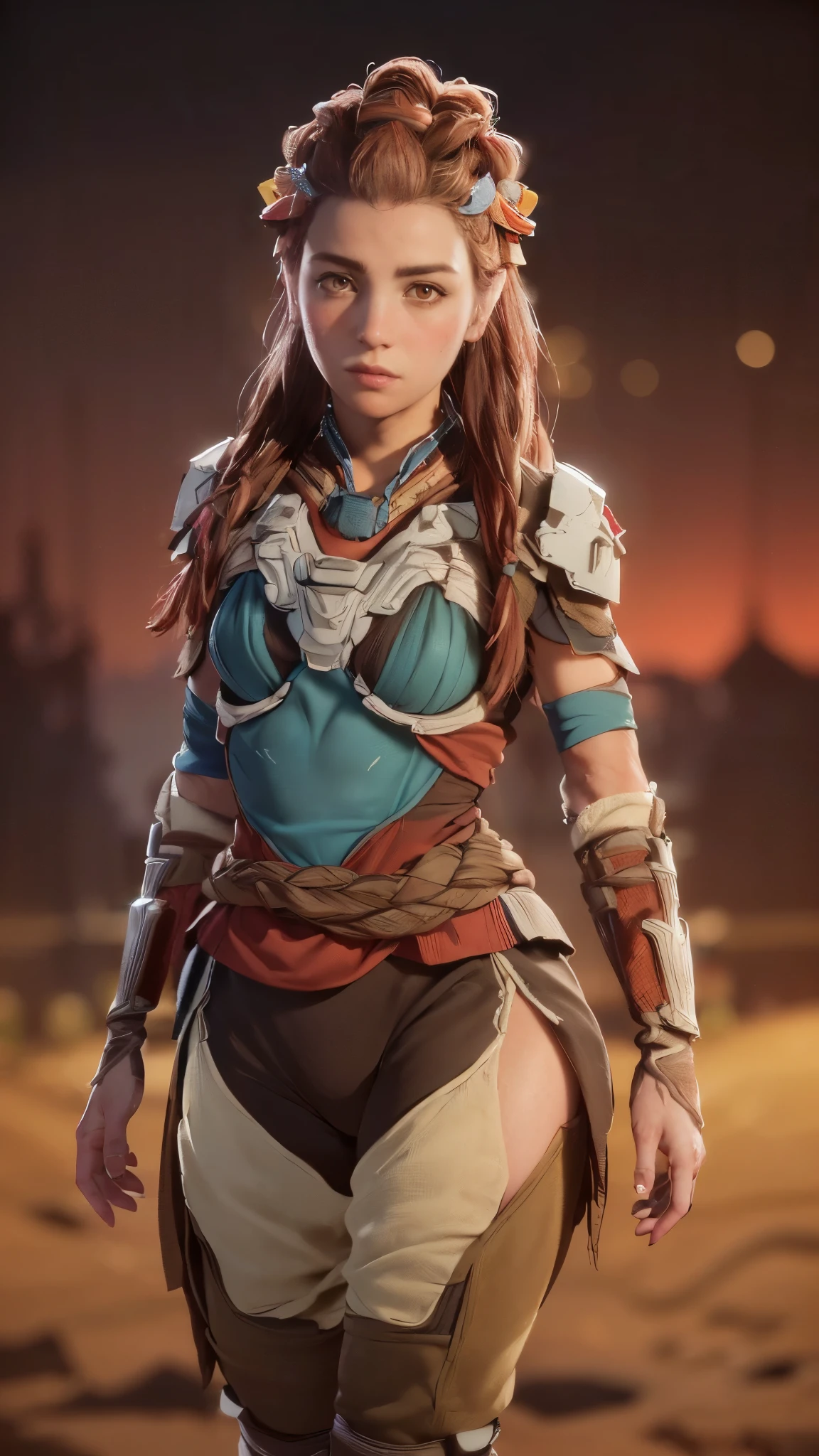 (A woman),(Aloy:1.5),(((Horizon Zero Dawn:1.5))),((Nora Hunting gear:1.5)),((standing bravely:1.5)),(Serious:1.5),(long red hair:1.5),(very detailed beautiful face:1.5),(((slight braided Hair:1.5))),(beautiful eyes:1.3),(Very detailedな顔:1.5),((Very detailed drawing of a female hand:1.5)),((muscular:1.5)),(Sexy appearance:1.5),((Thick thighs:1.5)),(Beautiful Body:1.5),((Very sensual:1.5)),(mountainous background at night:1.5),(warm atmosphere:1.5),(((Blurred Background:1.5))),(Written border depth:1.5),rest(((masterpiece:1.5),(best quality:1.5),(Very detailed:1.5),(high resolution:1.5),(Practical:1.5),(Practical:1.5),(Delicate depiction),(Carefully drawn))),8k,wallpaper