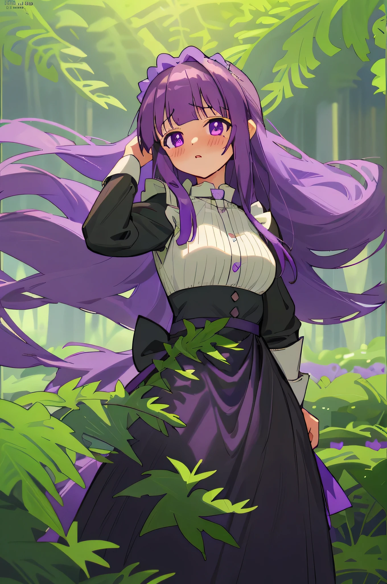 fern, 4k, absurd, high resolution, very high resolution, high definition, masterpiece, looking_at_viewer, v-arms, purple_eyes, Long purple hair, hair to the waist, maid dress, embarrased, blushing