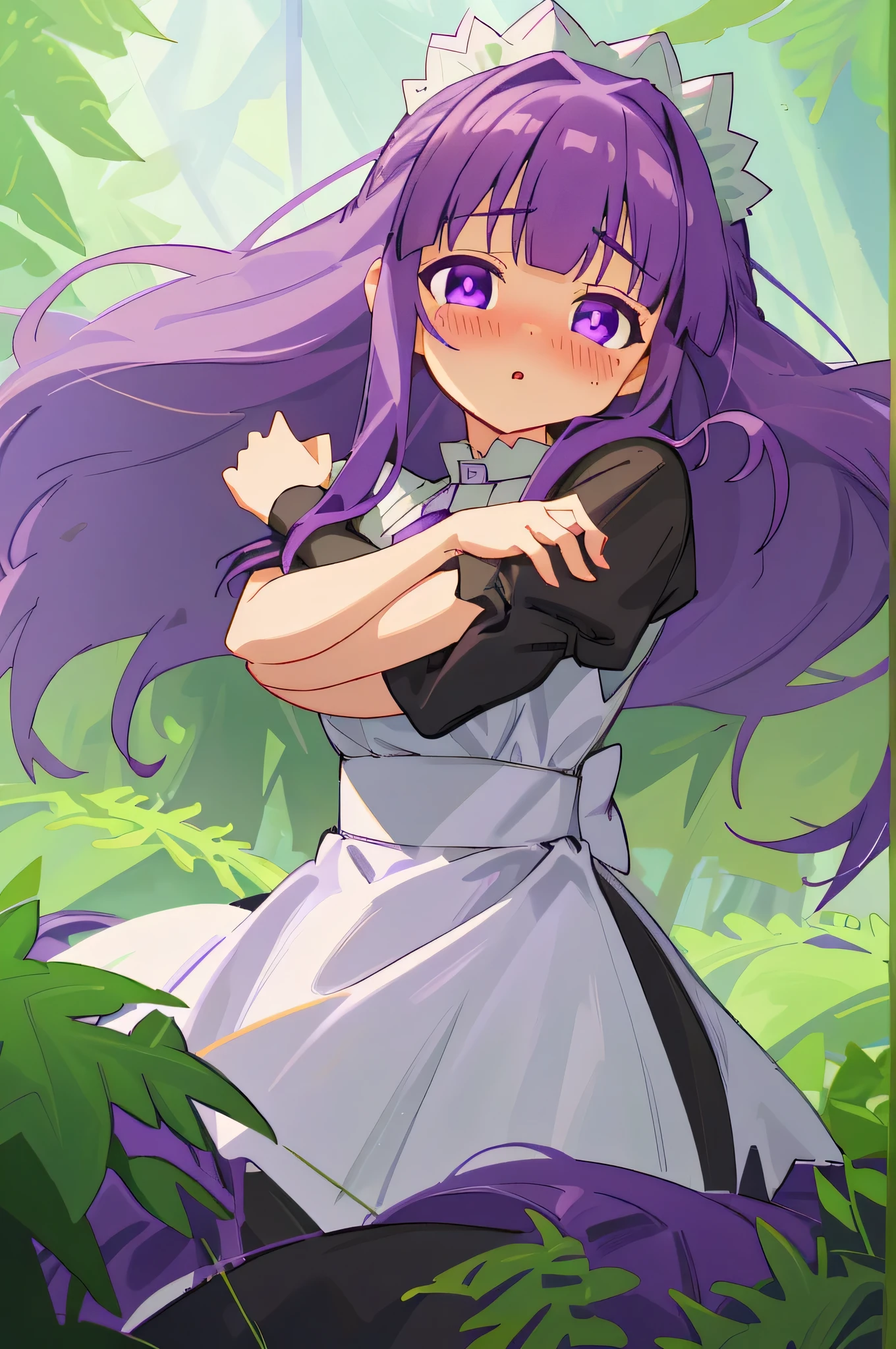 fern, 4k, absurd, high resolution, very high resolution, high definition, masterpiece, looking_at_viewer, v-arms, purple_eyes, Long purple hair, hair to the waist, maid dress, embarrased, blushing