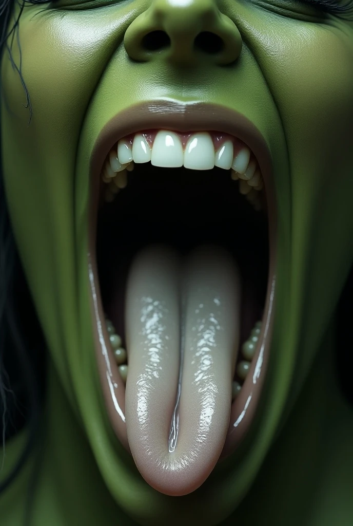 ((best quality)), ((masterpiece)) She-Hulk opens her mouth wide showing you her uvula and super thick slimy and very meaty white Tongue with a sensual expression on her face