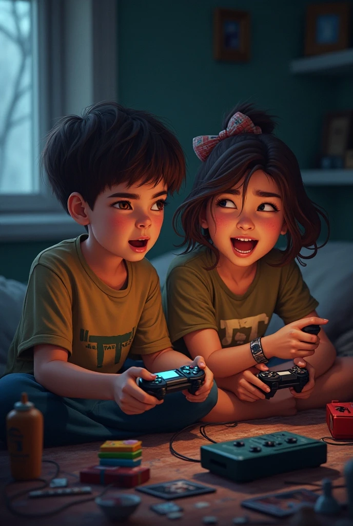 Boy and girl playing online game in there house.