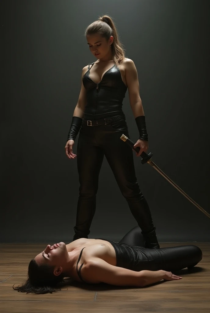A girl in black leather holding a whip and rinding crop which she is using to beat a nude man who is screaming and writhing on the floors