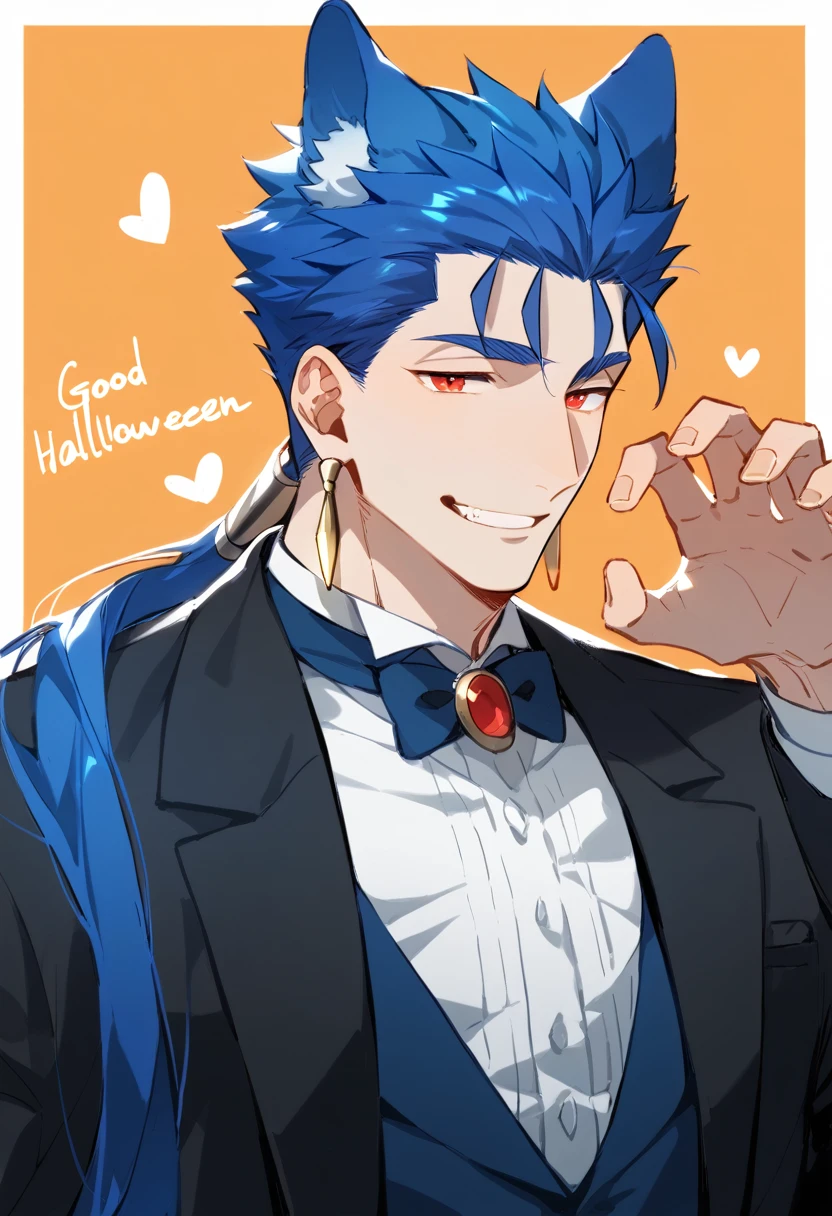 Cu Chulainn Blue Lancer a man dressed as a butler with blue wolf ears and tail with a good face, red eyes, a good body with little musculature and long blue hair with a ponytail at the nape of his neck and anime earrings with an orgasmic smile doing a wolf pose with a Halloween background.