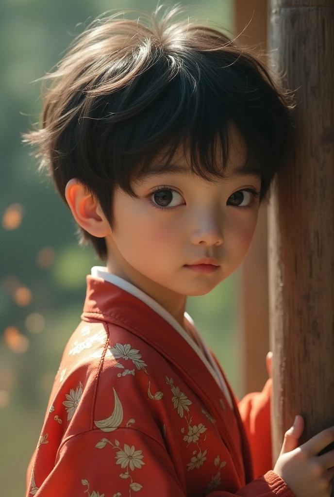 Red Japanese kimono on a boy with 1,63 tall , with short brown eyes and hair