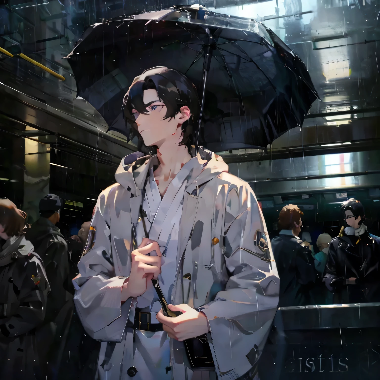 dark haired male,black eye, subway station, rainy background  ,