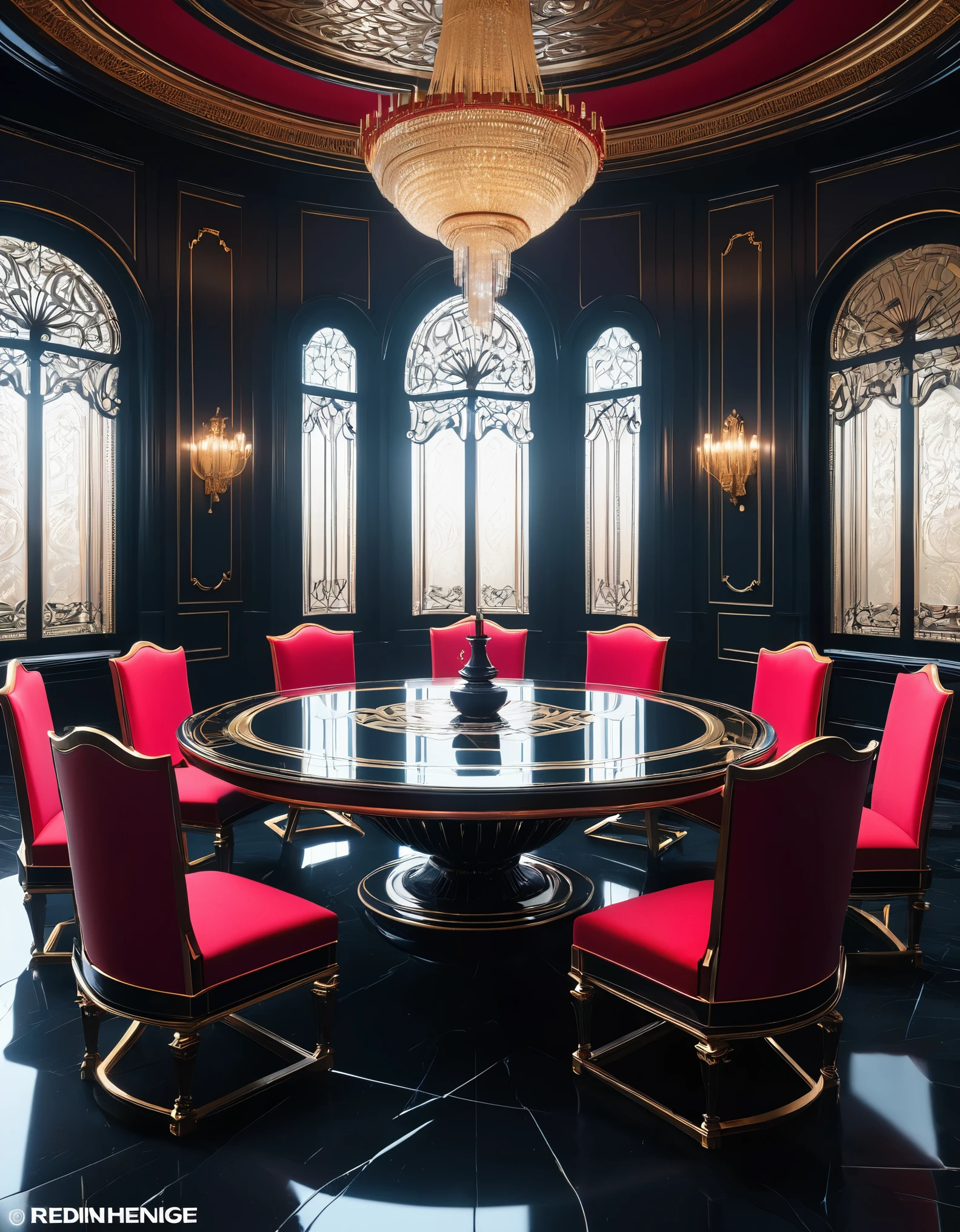 Tables and chairs、There is a dining room with a chandelier., cgsociety 9, Futuristic persian palace, cgsociety Unreal Engine, Redshift Houdini, Futuristic. Game CG, Unreal Engine Cinema 4D, Glamorous cyberpunk interior, Surreal Symmetry 8k, René Lalique and Eddie Mendoza, Cinematic Unreal 5, Cinematic Smoothness with Unreal Engine