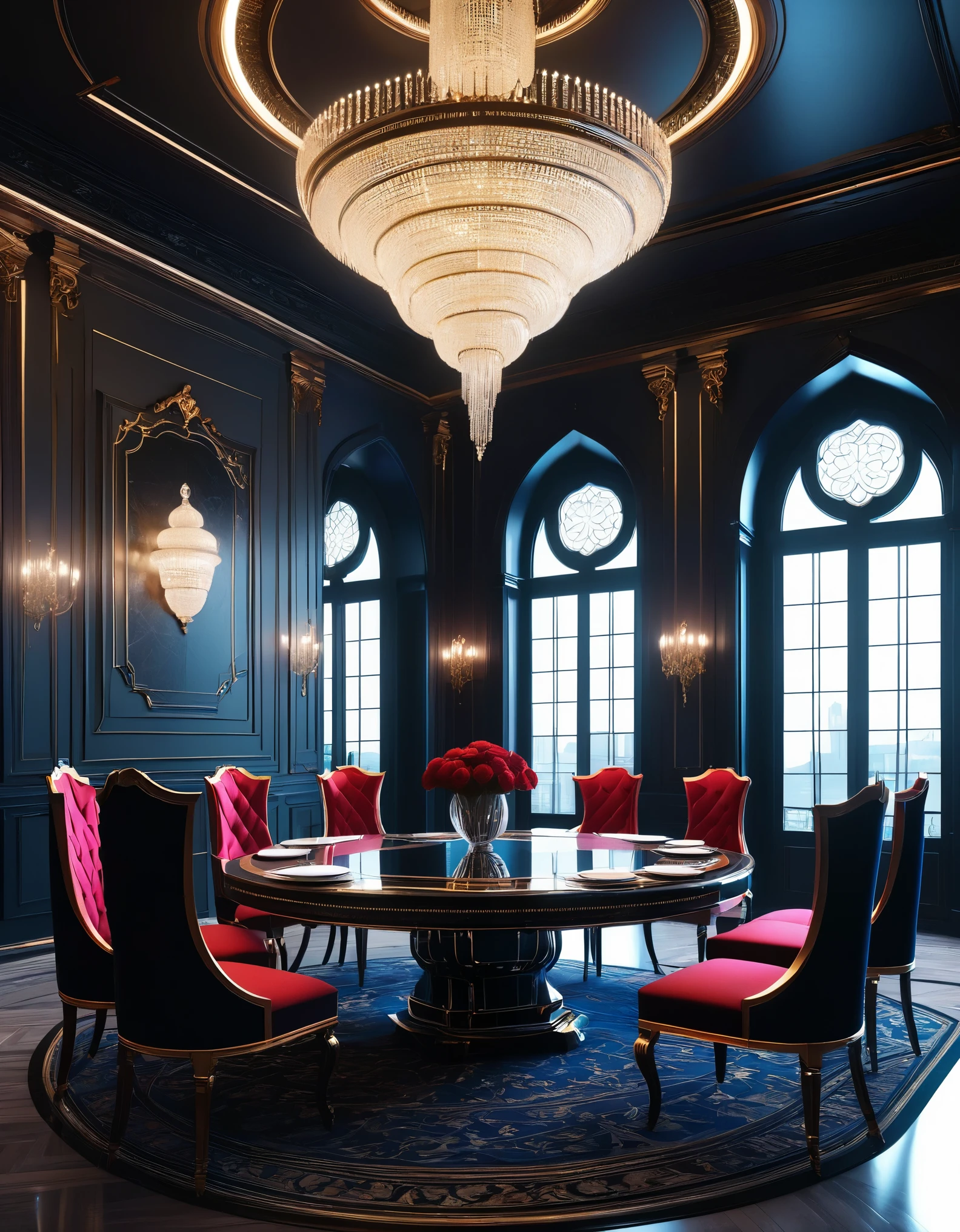 Tables and chairs、There is a dining room with a chandelier., cgsociety 9, Futuristic persian palace, cgsociety Unreal Engine, Redshift Houdini, Futuristic. Game CG, Unreal Engine Cinema 4D, Glamorous cyberpunk interior, Surreal Symmetry 8k, René Lalique and Eddie Mendoza, Cinematic Unreal 5, Cinematic Smoothness with Unreal Engine