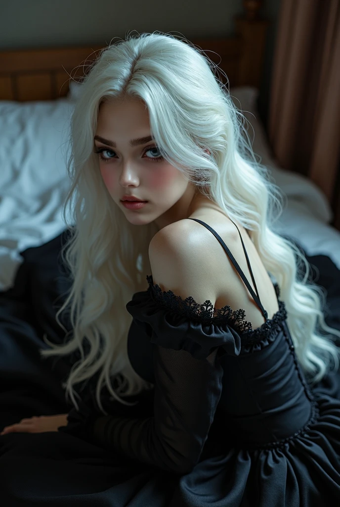 Beautiful transgender girl with white long hair, black short dress and showing it to the viewer and has a long leg and have a sex
