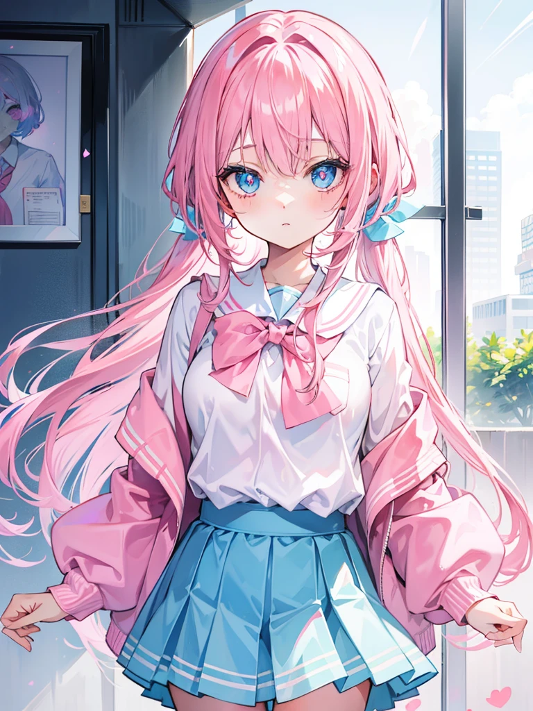 hoshino (blue archive), hoshino, blue archive, Cute pink hair, skirt, long hair, One girl takes to the bathroom、Look away、Standing、embarrassed from、Blushing、Keep your mouth shut、a street(Girl is peeing:1.7)、Mini skirt