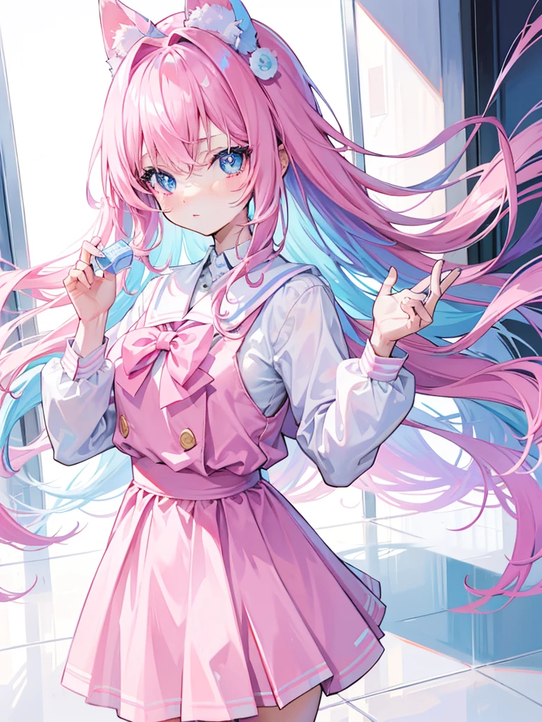 ((masterpiece, best)),(1girl),((mature woman)), light pink hair, dizzy, trumpet, ((office lady)), bangs, mid-chest, (full), slim, smiling, [wide hips] ,office,standing, aru \(blue archive\),