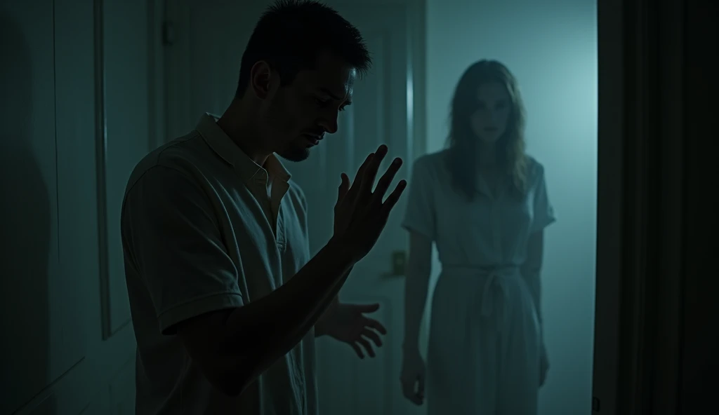 A 40 year old man with a terrified face is trying to pray, on his shoulder a possessed and terrifying woman leans out, while with her horrible hands she takes him by the arm, the atmosphere is creepy, terrible, horrifying, gloomy