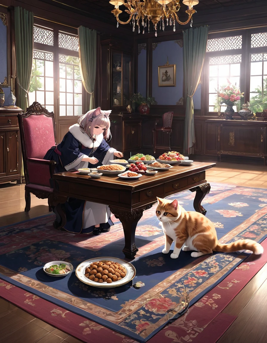 An owner with a cat food box depicting a seated Himalayan cat 、 A cat sitting on the floor in front of an empty feeder plate at the woman's feet urging her to give her food 、 Luxurious hors d'oeuvre-style dishes are arranged on the table next to the woman and the steam is pouring in a really tasty way、 A scene of a dining room with expensive furnishings 、A woman is standing in a posture looking at a cat from above 、Please draw the contrast between human food arranged on the table and simple cat food, (best quality,4k,8k,highres,masterpiece:1.2),ultra-detailed,(realistic,photorealistic,photo-realistic:1.37),extremely detailed eyes and face,longeyelashes,beautiful detailed eyes,beautiful detailed lips,1 woman,1 cat,luxurious dining room,gourmet food,contrast between lavish human food and simple cat food,warm lighting,ornate decor,wooden furniture。