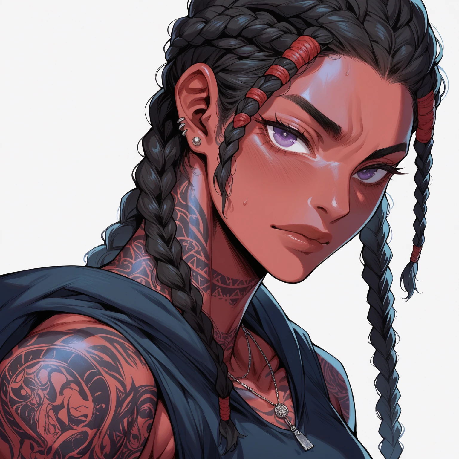 A young woman with red skin, black hair styled in a braided bob, African braid, and purple eyes, wearing streetwear. She has visible street tattoos on her muscular, Athletic ,Kentarō Miura Drawing 