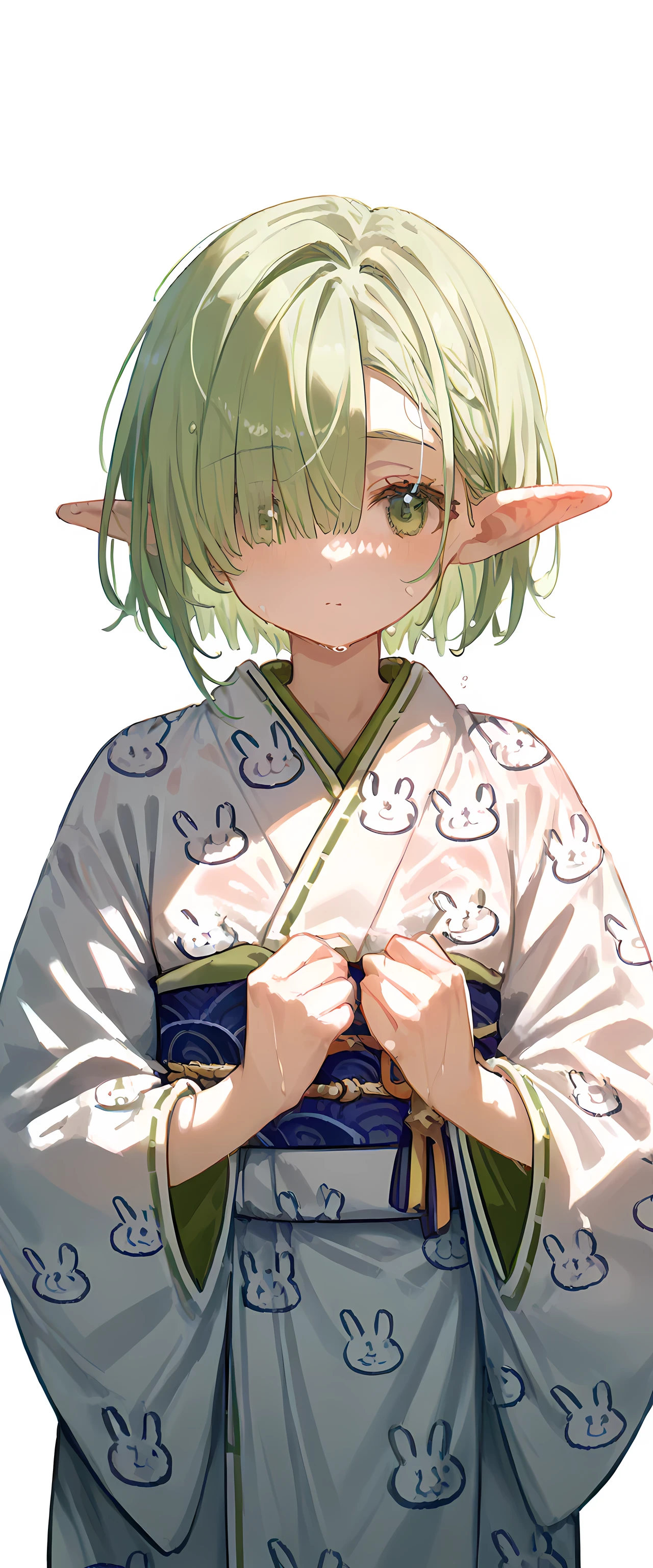 (((White background)))( High Resolution Masterpiece , 超 High Resolution , high Details, High Resolution Model, best quality:1.2),green haired elf woman, white skin,Oily, Sweaty skin, highlight color hairstyle ,Inner Color, wet hair,Short Hair, Diagonal bangs, Hair covering the eyes:1.3, Cookhold Subjective (masterpiece:1.5), Super Detailsed, High Resolution , 8k, Beautiful green eyes、 Details, 1 cute girl,,Small breasts, rabbit pattern kimono costume is off,Elf Ears, I move my hands sleepily,Orooro , Watawata ,Rabbit pattern Kyoto kimono