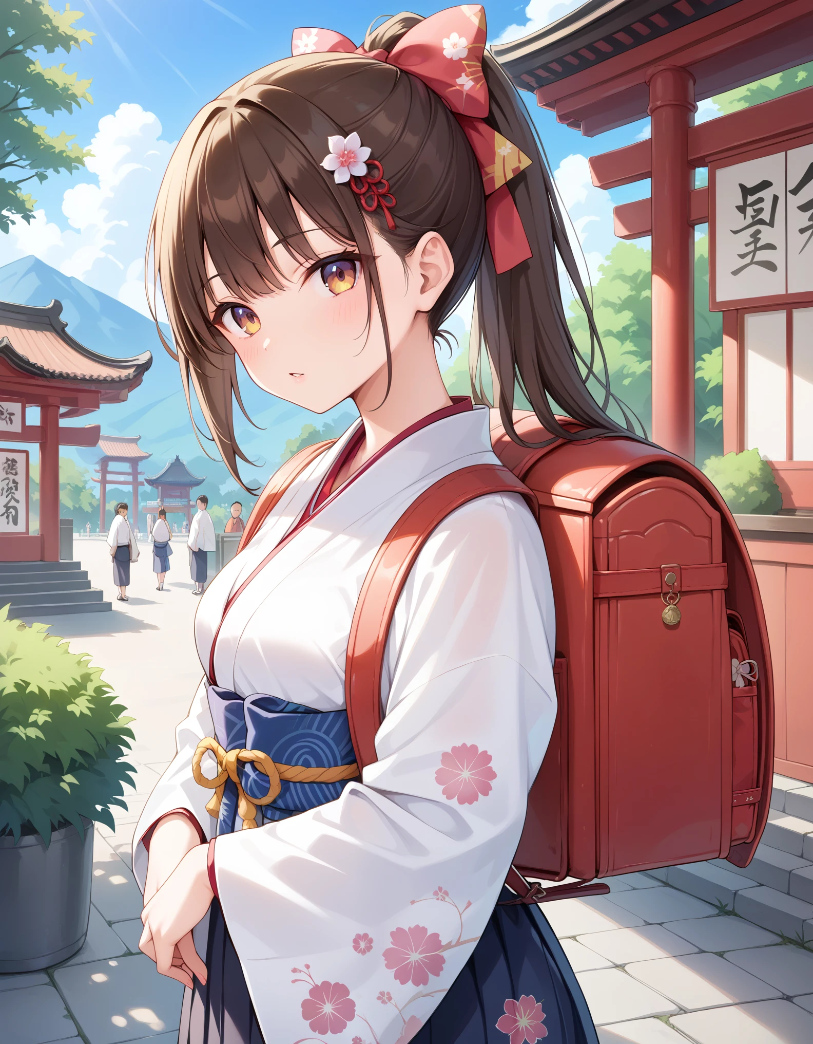 Masterpiecd, hd, Best Quality, High resolution, looking at viewer, from front, 1girl, brown hair, ponytail, hair ornaments, hair ribbon, wearing randoseru backpack, red backpack , Wearing a Japanese kimono at a summer festival at a shrine, (kimono:1.1), outdoor, standing