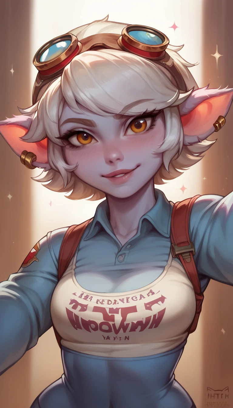  woman Tristana Fun , sexy, Selfie, scene, Space workshop ,  welder glasses on the head.