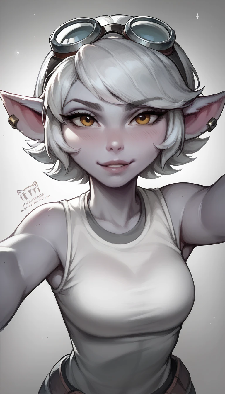  woman Tristana Fun , sexy, Selfie, scene, Space workshop ,  welder glasses on the head.