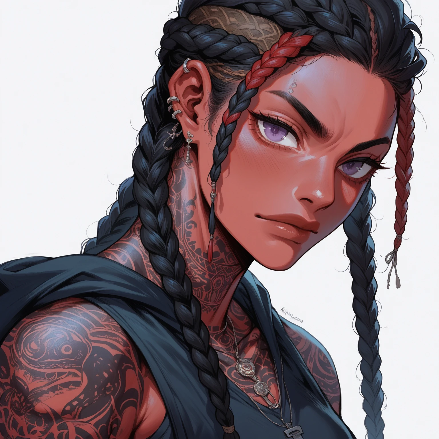 A young woman with red skin, black hair styled in a braided bob, African braid, and purple eyes, wearing streetwear. She has visible street tattoos on her muscular, Athletic ,Kentarō Miura Drawing 