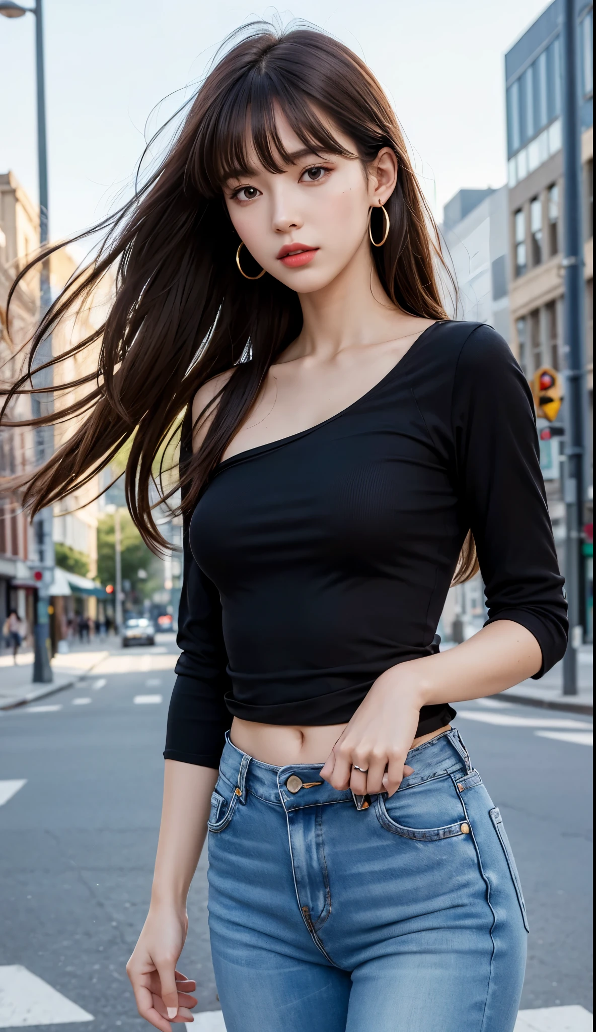 ((Best quality, 8k, Masterpiece :1.3)), Sharp focus :1.2, A pretty woman with perfect figure :1.4, Slender abs :1.2, ((Dark brown hair, Big breasts :1.2)), (V neck long sleeves shirt, Cut off shorts :1.1), City street:1.2, Highly detailed face and skin texture, Detailed eyes, Double eyelid