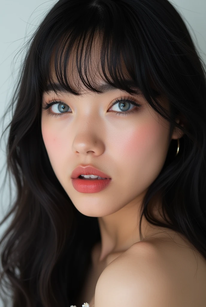 ((Extremely realistic)), ( super real), generate a highly realistic image, white backdrop,,15-year-old female,high school student、black long hair, I'm hiding my forehead with bangs,blue eyes,Long False Eyelashes,Thick lips,Clear eyeliner、,Moisturized lips smudged with clear lip balm、 Open the center of your lips、extremely detailed lips, large mouth, full, plump,  lip balm to make your lips shiny and shiny、淡いpink lips, transparent lip gloss,cute bra tank top