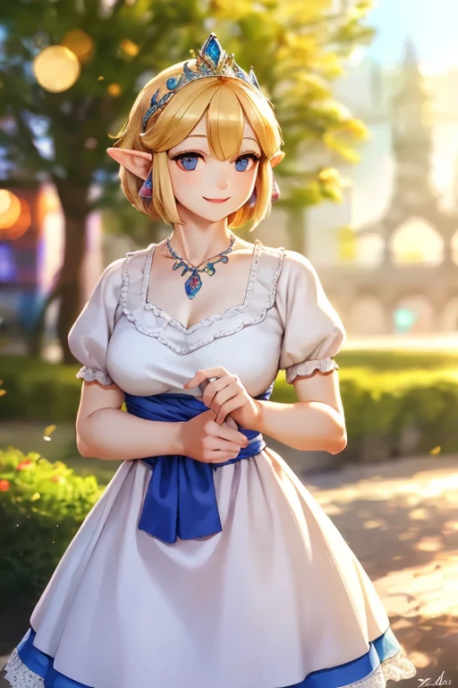 A beautiful detailed portrait of a young woman with short hair, wearing a dress, smiling and looking directly at the viewer, 1 girl, solo, best quality, 4k, 8k, highres, masterpiece:1.2, ultra-detailed, realistic, photorealistic, photo-realistic:1.37, HDR, UHD, studio lighting, ultra-fine painting, sharp focus, physically-based rendering, extreme detail description, professional, vivid colors, bokeh, zelda(princess), obra-prima