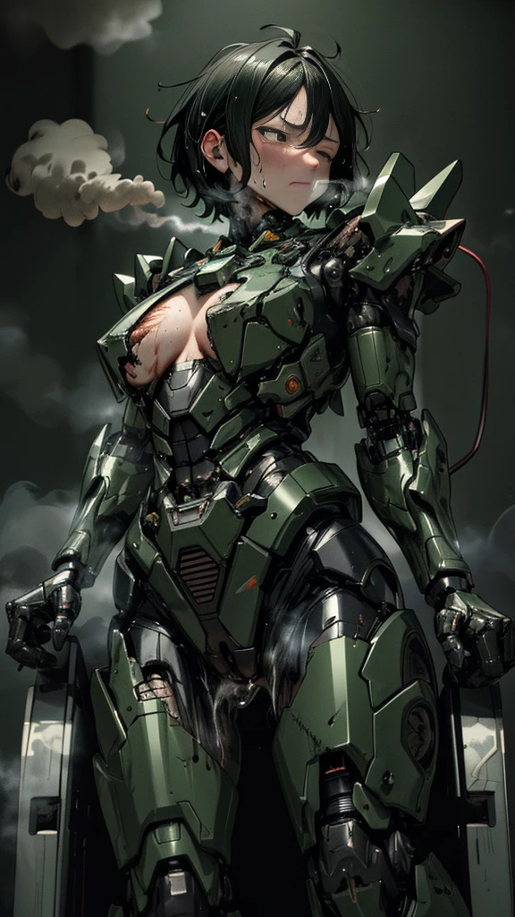 ,     very detailed ,  More Information ,    High image quality   , 最   High image quality   ,     High Resolution    , 1080P 、   smoke coming out of the wound    　Green Armor、    wearing green and black clothes   、cute((全身のSerious damage))(    injured woman in robot suit leaning against machine chair  ...)()(Broken Armor)((    cracks are spreading    ))(Black    smoke coming out of the wound    )    close one eye 　 Messy black hair   、 Peeing from the vagina　 boyish short hair、Torn Armor、    wet hair   、Close your eyes　Faint with mouth open、(Steam coming from the body)Sweaty face、Severe pain、Serious damage、saliva splashes out of her mouth 、saliva dripping from the mouth、 Female adult 　　首のあたりが露出していない   injured woman in robot suit leaning against machine chair   　(  steam coming out of her face  ) (( black   smoke coming out of the wound    ))  saliva　( I can see the vagina )   　The chest is exposed　 Cure Dengeki　Look up　 back view 　Black smoke from her butt 