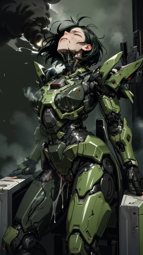 ,     very detailed ,  More Information ,    High image quality   , 最   High image quality   ,     High Resolution    , 1080P 、   smoke coming out of the wound    　Green Armor、    wearing green and black clothes   、cute((全身のSerious damage))(    injured woman in robot suit leaning against machine chair  ...)()(Broken Armor)((    cracks are spreading    ))(Black    smoke coming out of the wound    )    close one eye 　 Messy black hair   、 Peeing from the vagina　 boyish short hair、Torn Armor、    wet hair   、Close your eyes　Faint with mouth open、(Steam coming from the body)Sweaty face、Severe pain、Serious damage、saliva splashes out of her mouth 、saliva dripping from the mouth、 Female adult 　　首のあたりが露出していない   injured woman in robot suit leaning against machine chair   　(  steam coming out of her face  ) (( black   smoke coming out of the wound    ))  saliva　( I can see the vagina )   　The chest is exposed　 Cure Dengeki　Look up　 back view 　Black smoke from her butt 