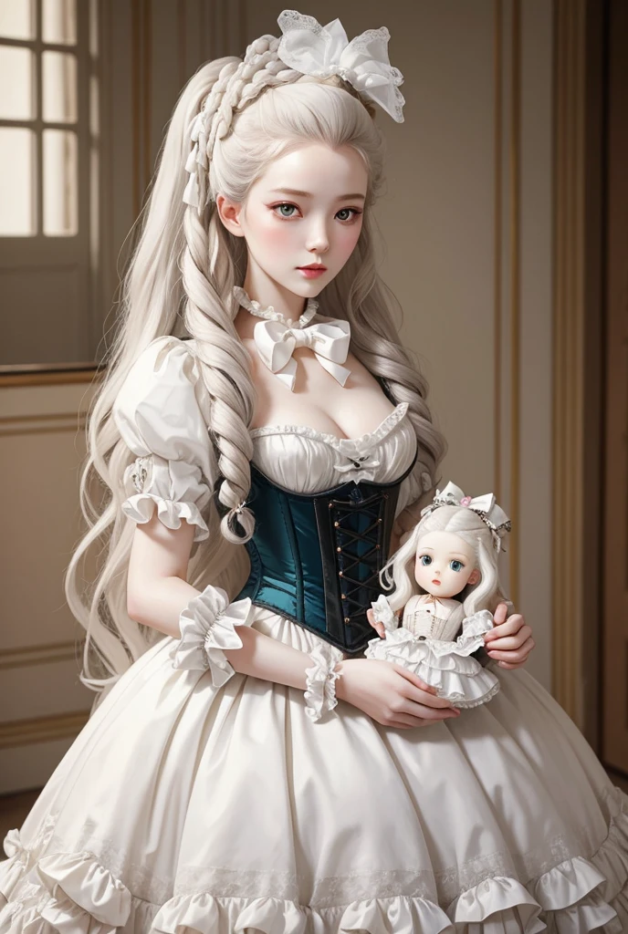 Model ReV Animatedgirl blonde , Milf , with a face and body like Lauren Chelsea , Dressed in a gray princess dress with patterns , stands in full growth , Her shoes are visible , Very beautiful gray dress , Front light.