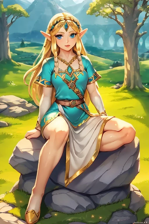 a beautiful elf princess zelda, wearing her original legend of zelda game outfit, in the hyrule kingdom, full body princess zelda sitting on a rock, appreciating the viewer's company, elf princess zelda with blonde hair, extremely detailed face and eyes, intricate princess dress, fantasy landscape, sunlight and warm colors, photorealistic, 8k, best quality