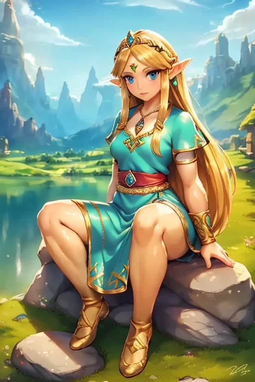 a beautiful elf princess zelda, wearing her original legend of zelda game outfit, in the hyrule kingdom, full body princess zelda sitting on a rock, appreciating the viewer's company, elf princess zelda with blonde hair, extremely detailed face and eyes, intricate princess dress, fantasy landscape, sunlight and warm colors, photorealistic, 8k, best quality