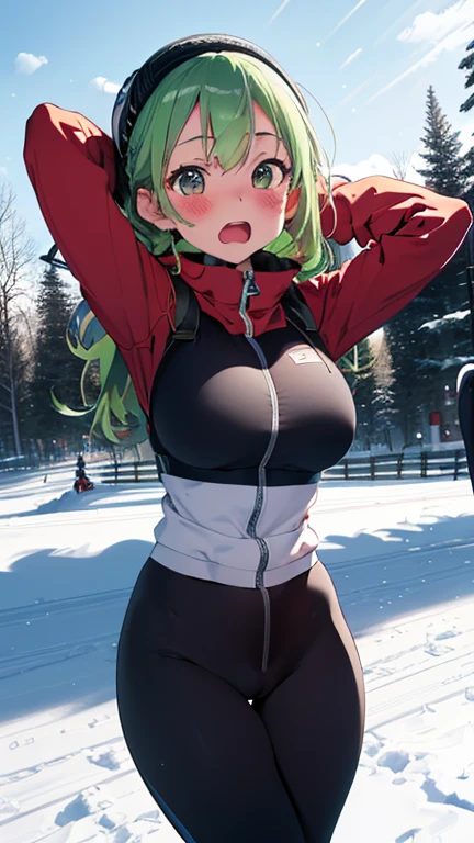 mastute piece,Best Quality,insanely detailed,8k cg,nsfw,
(shoot upper body:1.3),
(1girls:1.3),standing,looking at viewr,body in front,both arms behind back,(Snowboarding Wear),(bare breasts)
break,
blush,shy,(trembling:1.2),(Green Hair:1.4),Twin tail hair、
break,
perfect breasts,perfect teats,(open mouth:0.9),(large breasts:1.2),
Ski resort,Slopes,