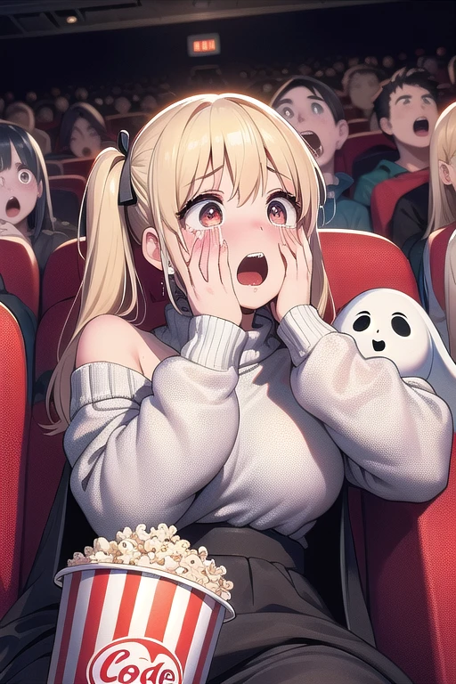 (((masterpiece))), (((best quality))), (((scream movie))),  (((huge ghostface))), (((crowd))), (((big screen))), (((side face))), ((hand on own face)), ((2girls snuggle up)), ((cinema seating)), ((scared)), ((crying with eyes open)), ((off-the-shoulder sweater)), cocacola, disposable cup, popcorn, stairs, night, open mouth, 1girl, big tits, blonde twintails, ribbon, sweat, shy, blush, slim figure, 