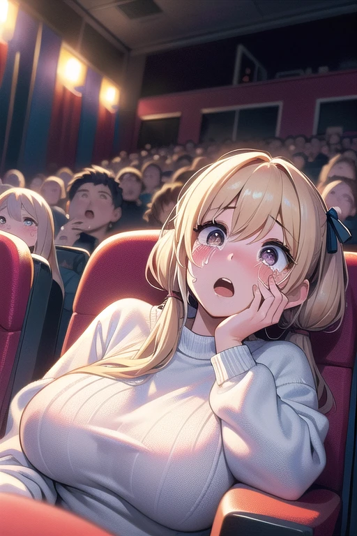 (((masterpiece))), (((best quality))), (((scream movie))),  (((huge ghostface))), (((crowd))), (((big screen))), (((side face))), ((hand on own face)), ((2girls snuggle up)), ((cinema seating)), ((scared)), ((crying with eyes open)), ((off-the-shoulder sweater)), cocacola, disposable cup, popcorn, stairs, night, open mouth, 1girl, big tits, blonde twintails, ribbon, sweat, shy, blush, slim figure, 