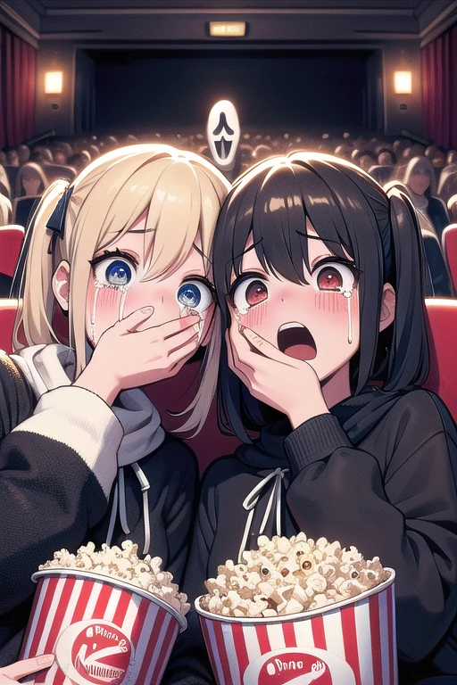 (((masterpiece))), (((best quality))), (((scream movie))),  (((huge ghostface))), (((crowd))), (((big screen))), (((side face))), ((hand on own face)), ((2girls snuggle up)), ((cinema seating)), ((scared)), ((crying with eyes open)), ((off-the-shoulder sweater)), cocacola, disposable cup, popcorn, stairs, night, open mouth, 1girl, big tits, blonde twintails, ribbon, sweat, shy, blush, slim figure, 