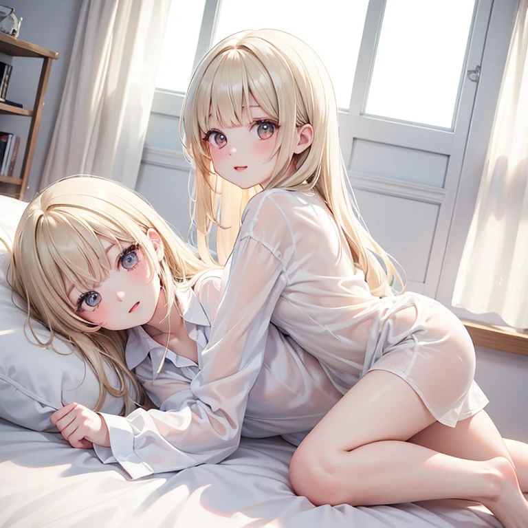 High quality, a lazy adult woman, kawaii, full body, mooning light from the window, laying on the bed, long sleeve, white, regal shirt, over sized see through shirt, shameful face, pale beige hair, wet long hair, beige eyes, real body,