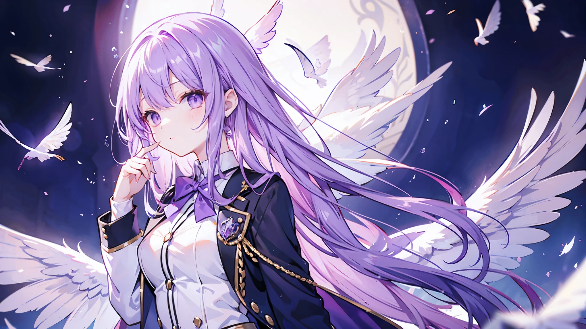 Purple long hair girl、School uniforms with a white motif、As tall as a middle school student、One Wing