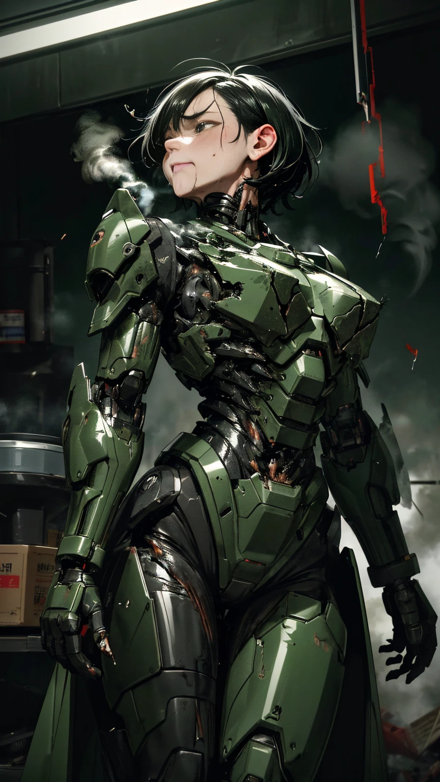 ,     very detailed ,  More Information ,    High image quality   , 最   High image quality   ,     High Resolution    , 1080P 、   smoke coming out of the wound    　Green Armor、    wearing green and black clothes   、cute((全身のSerious damage))(    injured woman in robot suit leaning against machine chair  ...)()(Broken Armor)((    cracks are spreading    ))(Black    smoke coming out of the wound    )    close one eye 　 Messy black hair   、 Peeing from the vagina　 boyish short hair、Torn Armor、    wet hair   、Close your eyes　Faint with mouth open、(Steam coming from the body)Sweaty face、Severe pain、Serious damage、saliva splashes out of her mouth 、saliva dripping from the mouth、 Female adult 　　首のあたりが露出していない   injured woman in robot suit leaning against machine chair   　(  steam coming out of her face  ) (( black   smoke coming out of the wound    ))  saliva　( I can see the vagina )   　The chest is exposed　 Cure Dengeki　Look up　 back view 　Black smoke from her butt 