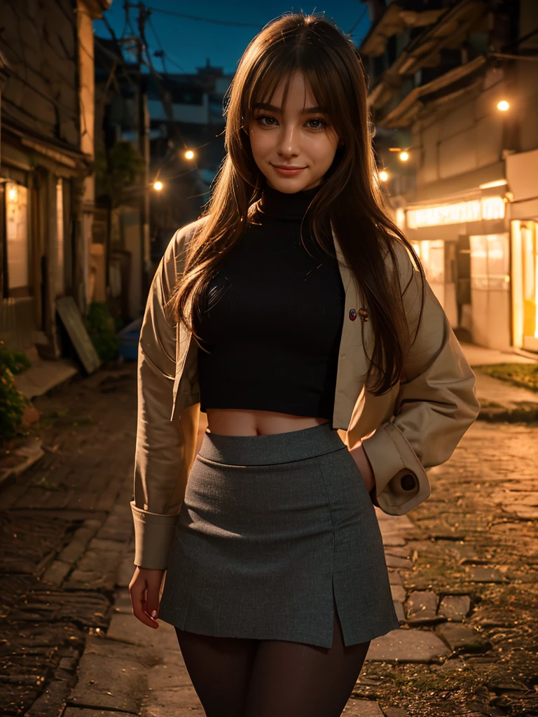 (1 lady), The beautiful, (Best quality at best:1.4), (ultra - detailed), (extremely detailed CG unified 16k), (dark, greenish, gray-brown hair), very detailed, High-definition RAW color photo, professional photoshooting, amazing face and eyes, cosmetics, (amazingly beautiful girl), ((Ibuki Fuko, small woman, NOT Dasha Taran)), ((clannad uniform, blue skirt, black tights)), (extremely detailed background, a lot of details background, realistic background), realistic cinematic face, head to feet long wide zoomed out view, full body long view, photorealistic, ((honey eyes)), gorgeous, extremely beautiful face, perfect model beauty, pout mouth, Highly Detailed Face and Skin Texture, Detailed Eyes, Double Eyelids, Very Small Breasts, Persistent Stare, Faith Trance, (funny expression, mystical stare, looking eternity), (masterpiece), smile, beautiful smile, best quality, high resolution, depth of field, cinematic lighting, amazing legs, black combat boots, clear and well-cared skin,