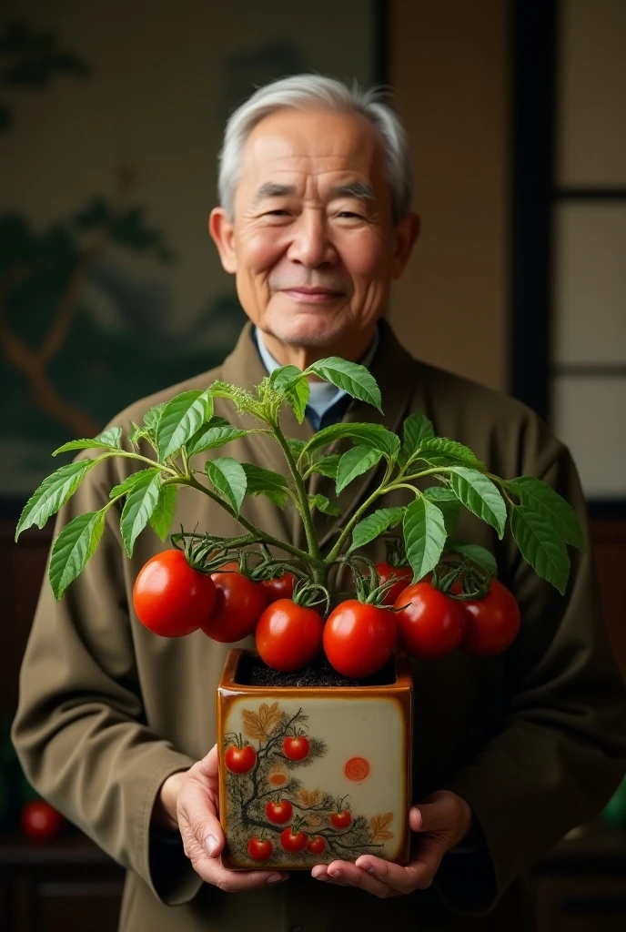  score_9,  score_8_up,  score_7_up,  score_6_up,  score_5_up,  score_4_up, 1man, 60 years old, ((lower body:1.3,  depicting the bottom of the nose )),  potted plant in my hand,  tomato focus, Elegant Japanese clothing, artistic square ceramic potted plant, (Large Zui 々 tomatoes grow from ３ grows from a ,  of potted tomatoes , 非常にRealistic, A long, splendid green stem :1.2, ３Two tomatoes grow branching off a ,  stem branching off from a stem, Circle々and growing , Glossy surface,  with water droplets on it ,  tomatoes growing in a pot ), ((Realistic)), ((UHD, masterpiece, super detail, high details, best quality, 8k))