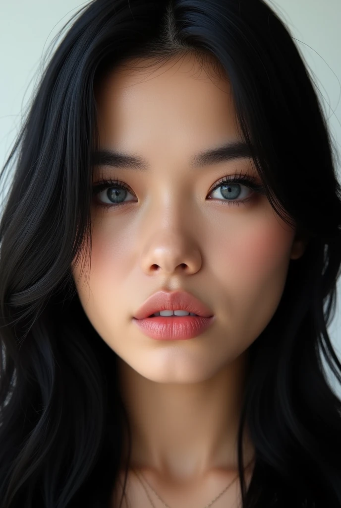 ((Extremely realistic)), ( super real), generate a highly realistic image, white backdrop,,-yeld fee,high school student、black long hair, I'm hiding my forehead with bangs,blue eyes,Long False Eyelashes,Thick lips,Clear eyeliner、,、 Open the center of your lips、extremely detailed lips, large mouth, full, plump,  lip balm to make your lips shiny and shiny、淡いpink lips, transparent lip gloss,cute bra tank top、Moisturized lips smudged with clear lip balm