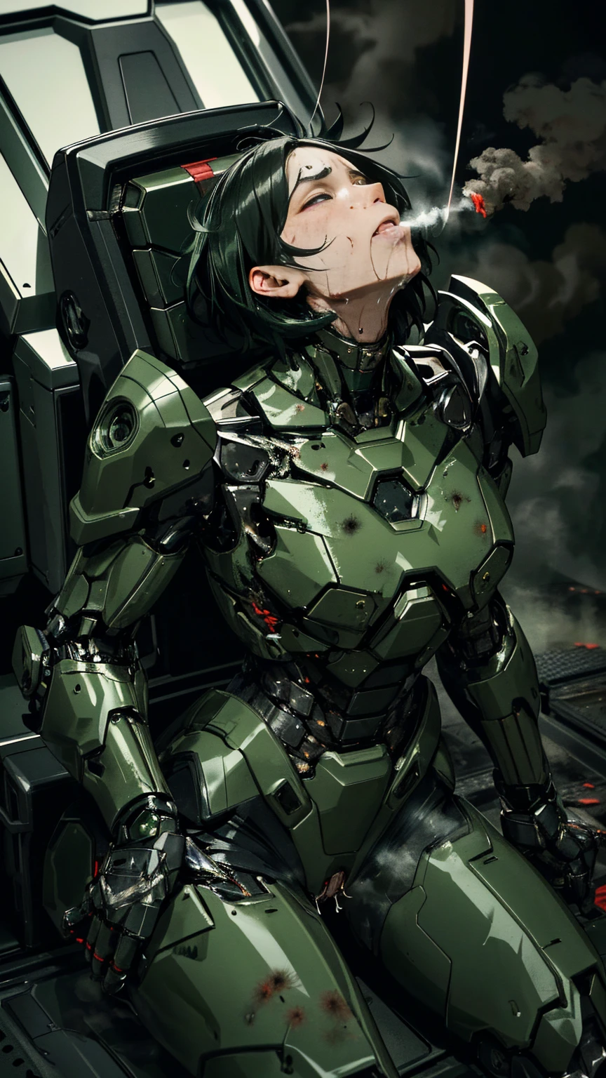 ,     very detailed ,  More Information ,    High image quality   , 最   High image quality   ,     High Resolution    , 1080P 、   smoke coming out of the wound    　Green Armor、    wearing green and black clothes   、cute((全身のSerious damage))(    injured woman in robot suit leaning against machine chair  ...)()(Broken Armor)((    cracks are spreading    ))(Black    smoke coming out of the wound    )    close one eye 　 Messy black hair   、 Peeing from the vagina　 boyish short hair、Torn Armor、    wet hair   、Close your eyes　Faint with mouth open、(Steam coming from the body)Sweaty face、Severe pain、Serious damage、saliva splashes out of her mouth 、saliva dripping from the mouth、 Female adult 　　首のあたりが露出していない   injured woman in robot suit leaning against machine chair   　(  steam coming out of her face  ) (( black   smoke coming out of the wound    ))  saliva　( I can see the vagina )   　The chest is exposed　 Cure Dengeki　Look up　 back view 　Black smoke from her butt 